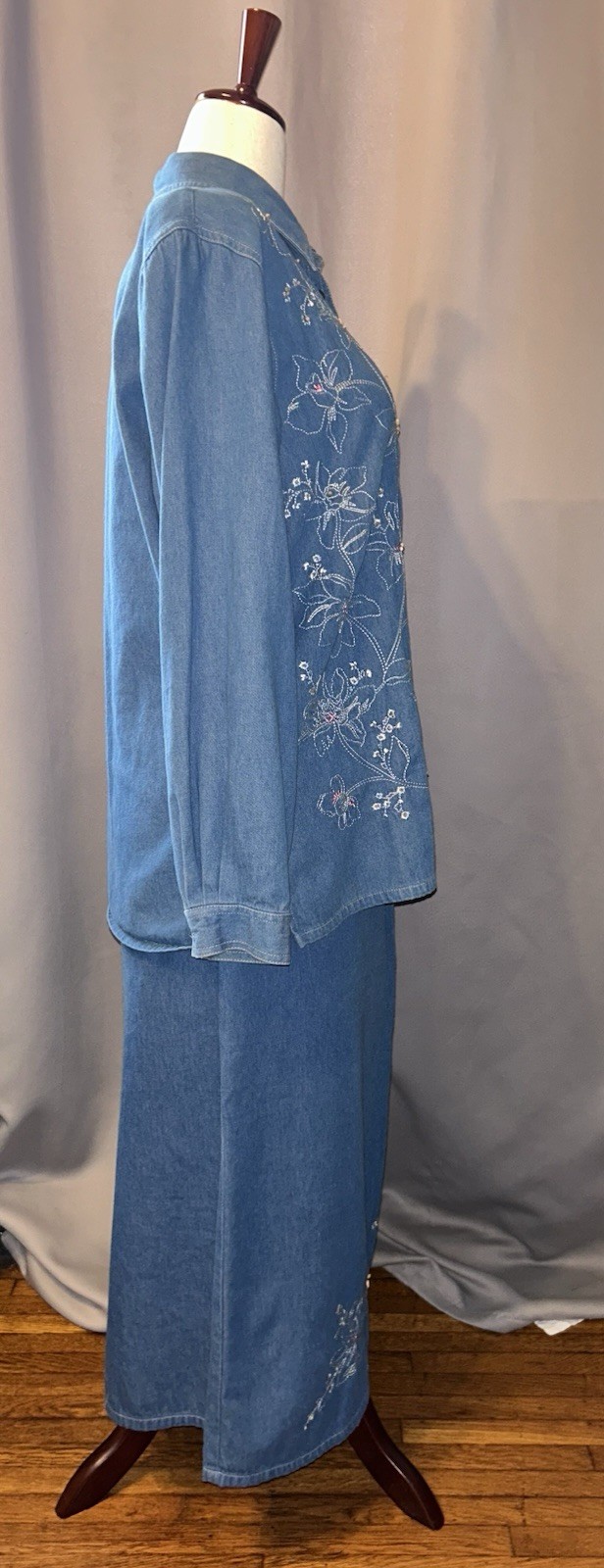 Vintage Cottagecore Embroidered Denim Two-Piece Maxi Set Women&rsquo;s
