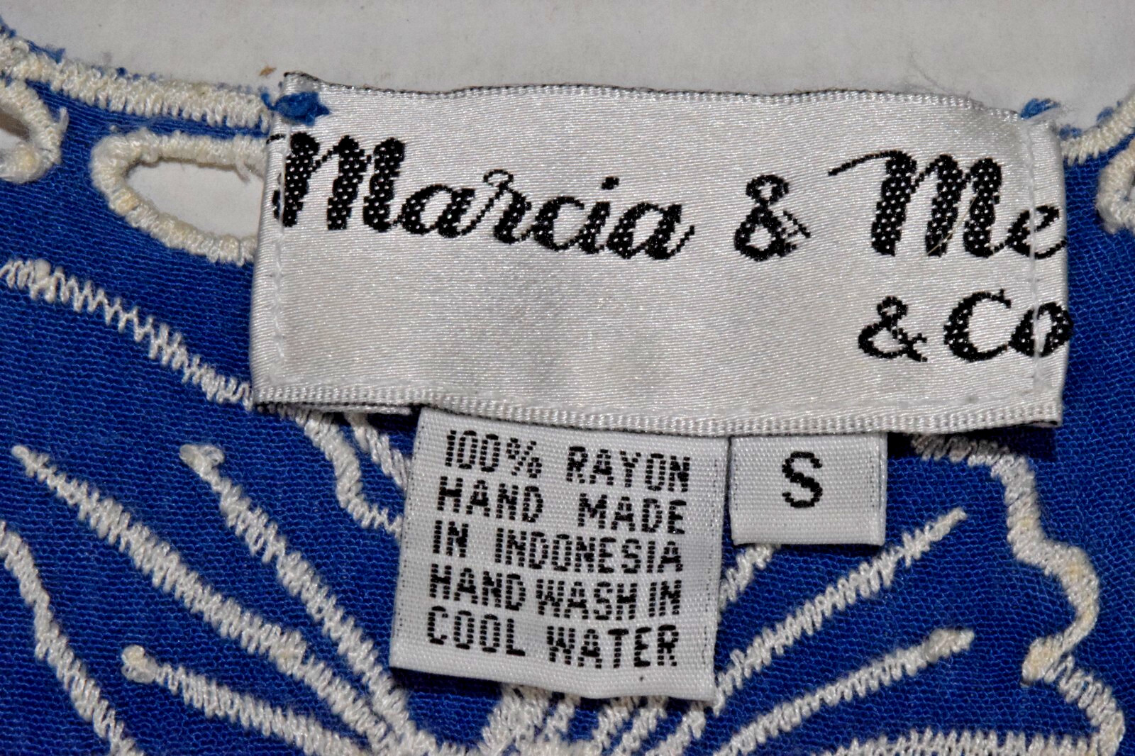 Vintage Dress Marcia and Me Size S 90s Ocean Blue Rayon Crinkle Embroidered Trim