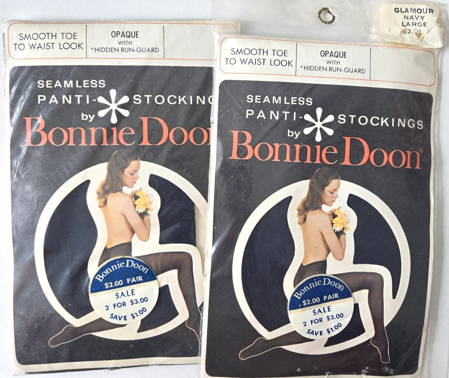 Vintage Bonnie Doon Panti-Stockings Opaque Navy Color Large Set Of 2 Nylons