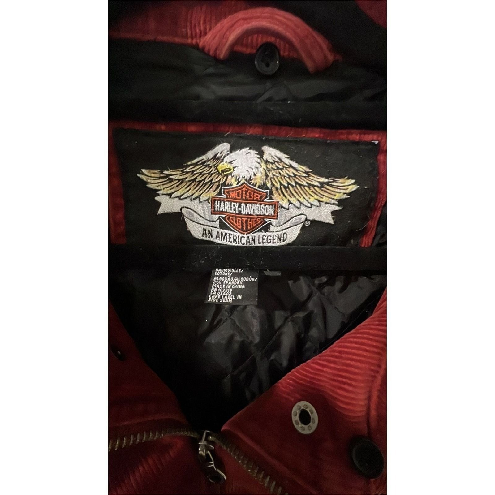 Harley Davidson Red Corduroy Zip Up Jacket Embroidered Logo Womens Large