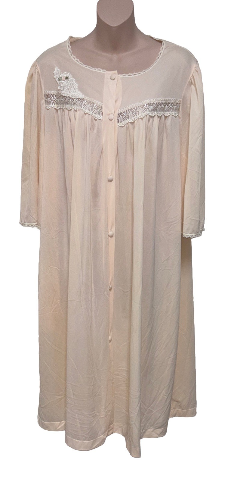 VTG LORRAINE LIGHT PEACH BUTTON FRONT SHEER NYLON NIGHTGOWN ROBE USA 1X LACE