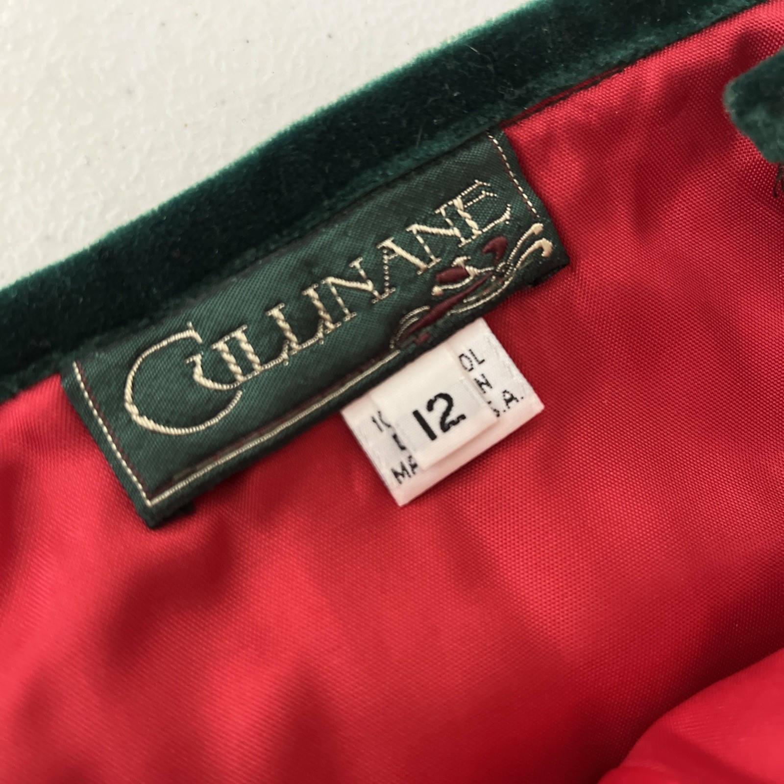 Vintage Cullinane Holiday Red Green Long Wool Pleated Skirt w/Velvet Trim Sz. 12
