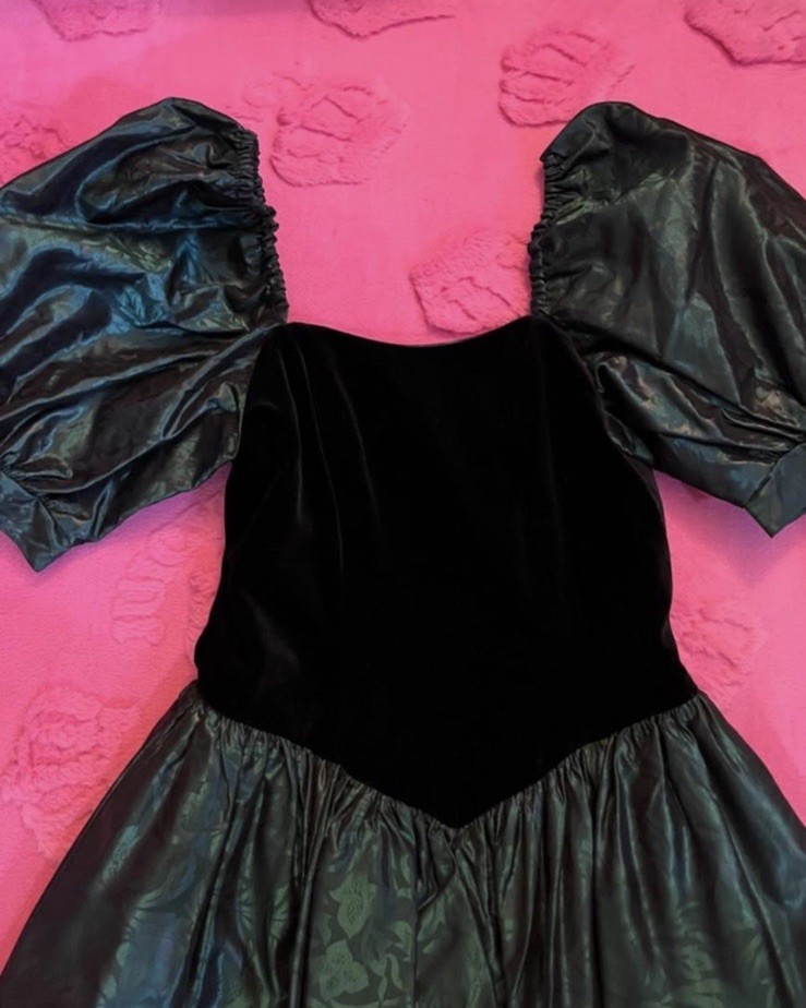 Vintage 1980s Laura Ashley Velvet & Brocade Evening Cocktail Dress Puff Sleeve