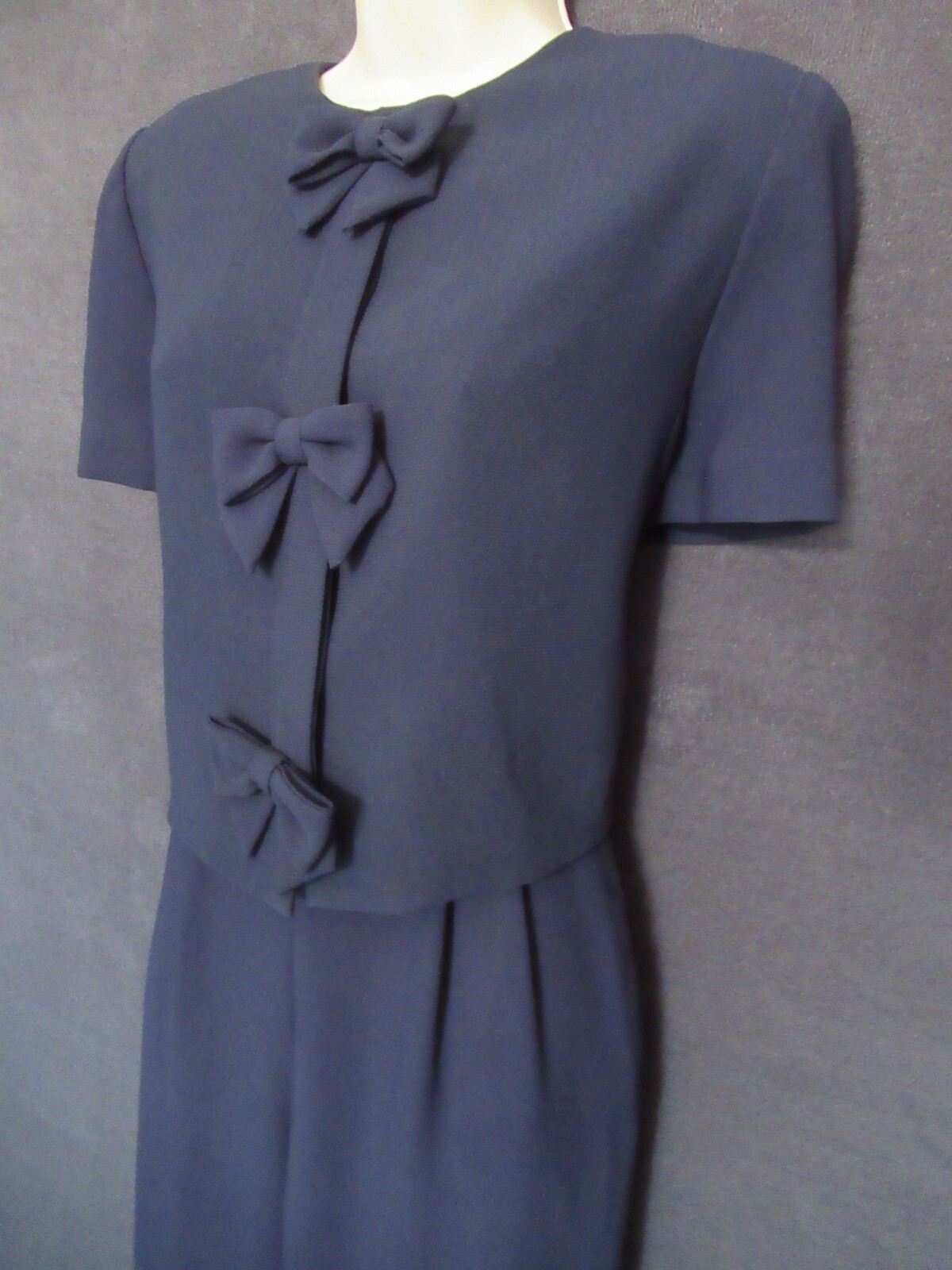 Vintage Maggy Navy Poly Chiffon Short Sleeve Cropped Top Bows Pants Suit Set 8P
