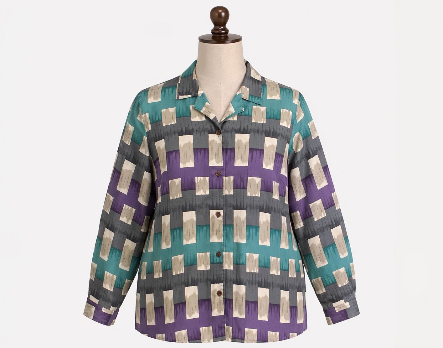 Alfred Dunner Women 18W Geometric Button Up Blouse Purple Teal Beige