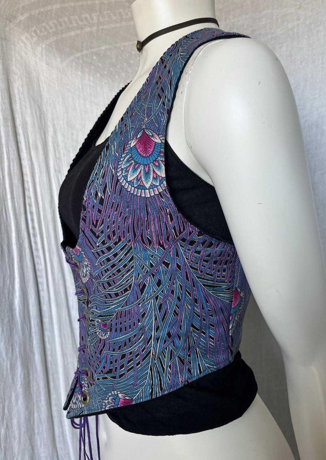 Vintage 70s Corset Vest Underbust Waistcoat Handmade Reversible Goth Festival S