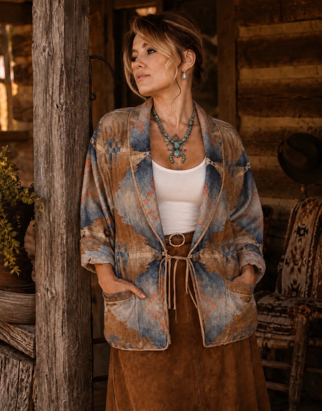 Southwest Vintage Linen Blazer Jacket Shacket Concho Western Large 3/4 Sleeve