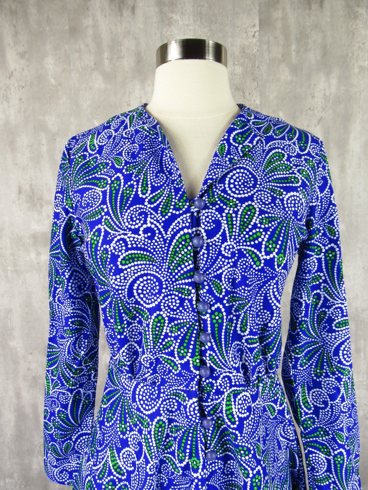 Vtg 70s Psychedelic Print Mini Dress Hippie All Over Print Purple Green