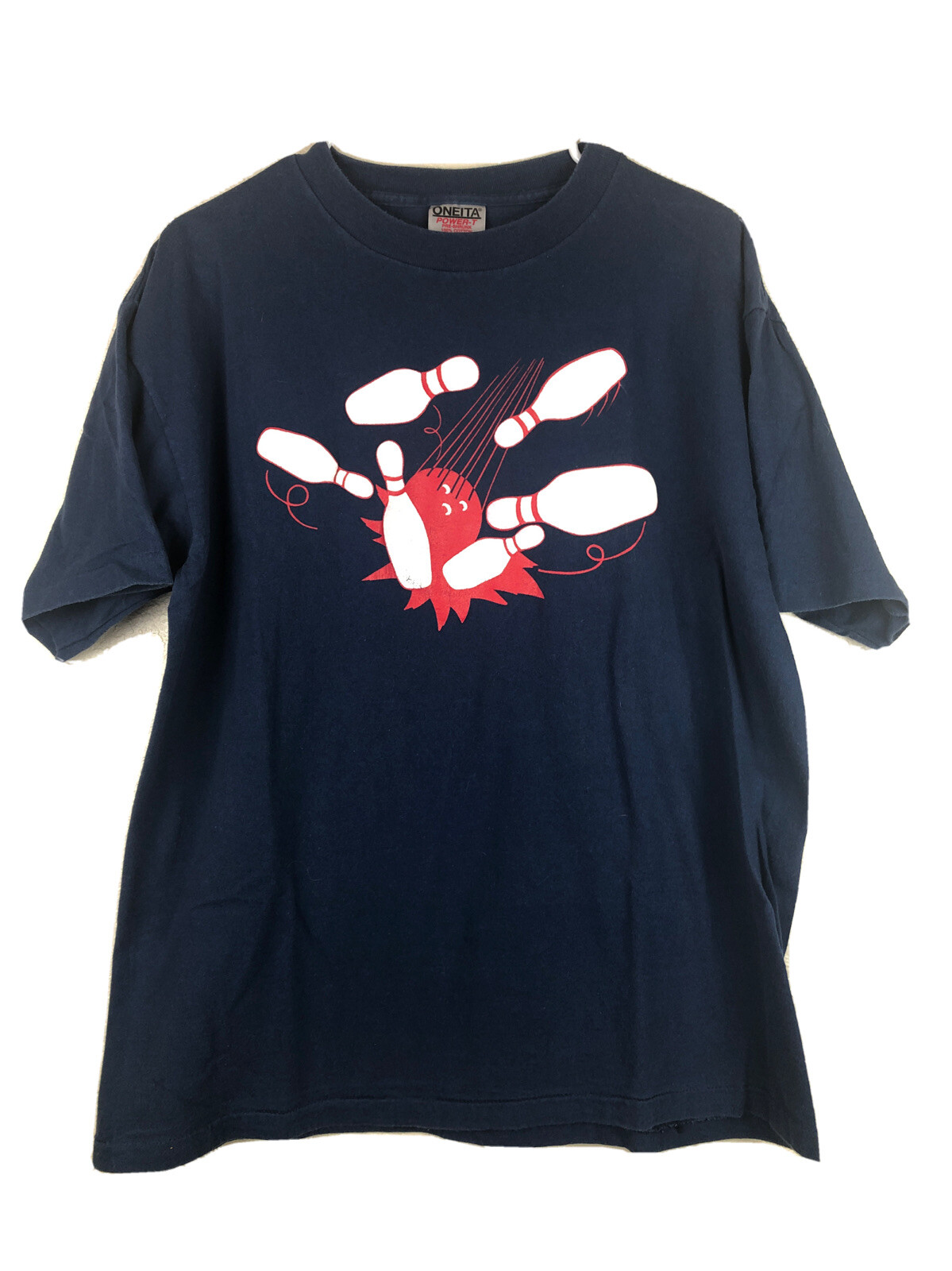 Vintage Bowling T Shirt Oneita Single stitch 100% Cotton Blue Graphic T Large