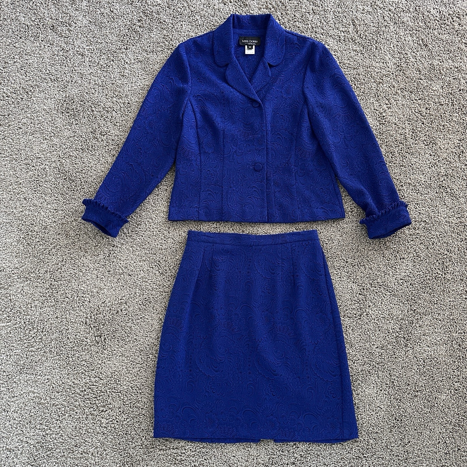 VTG Miss Dorby 2Pc Skirt Suit Set 6P Royal Blue Floral Jacquard Ruffle Coquett