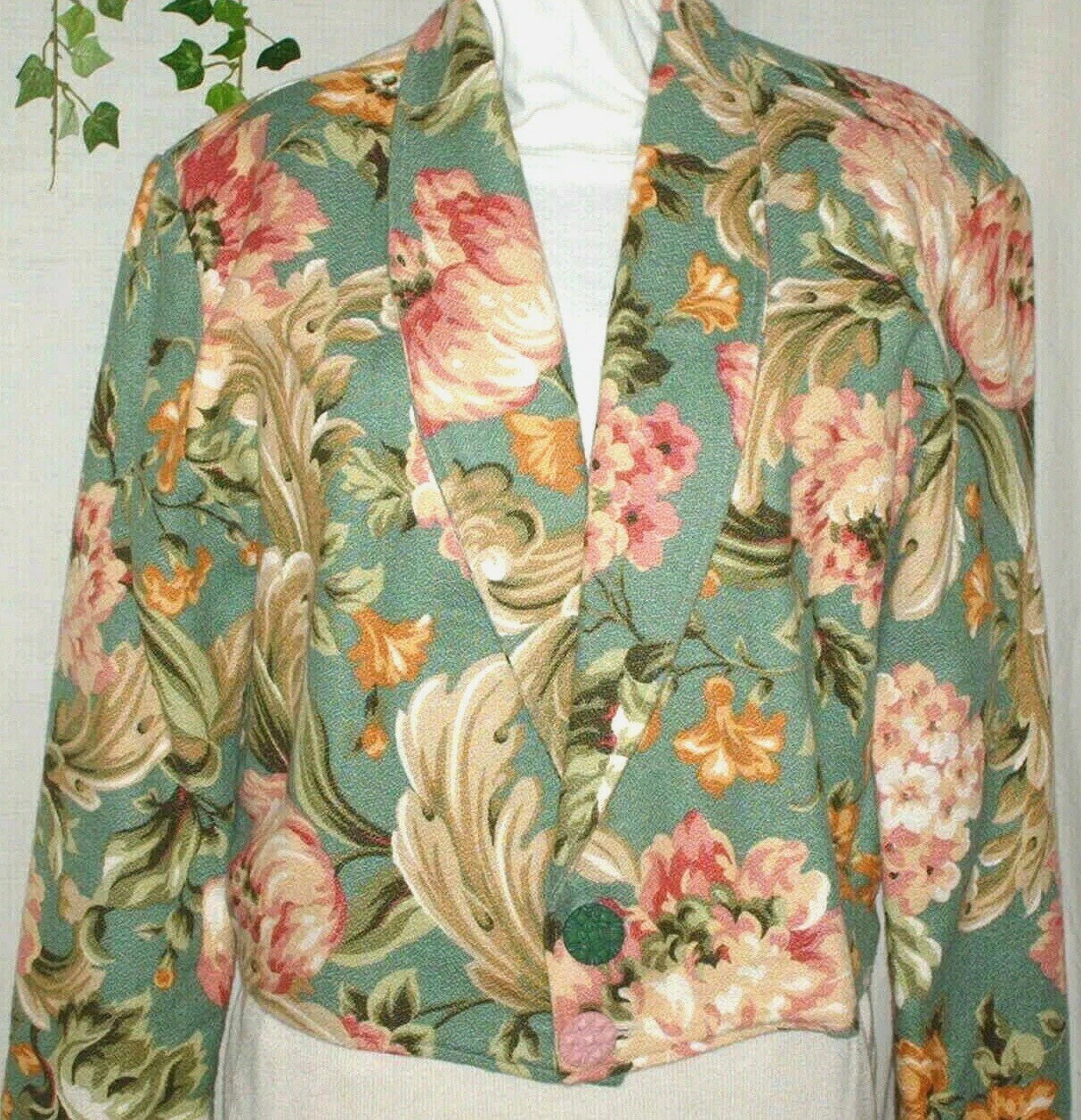 VTG 80&rsquo;s Artsy Green Floral Retro Fabric CottageCore Bomber Jacket Sz L