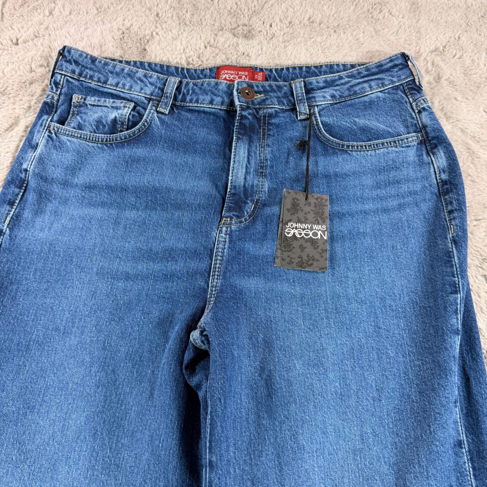 NWT Johnny Was Jaxon Lumiere Wide Leg Jeans Vintage Blue Pocket Size 33 $198