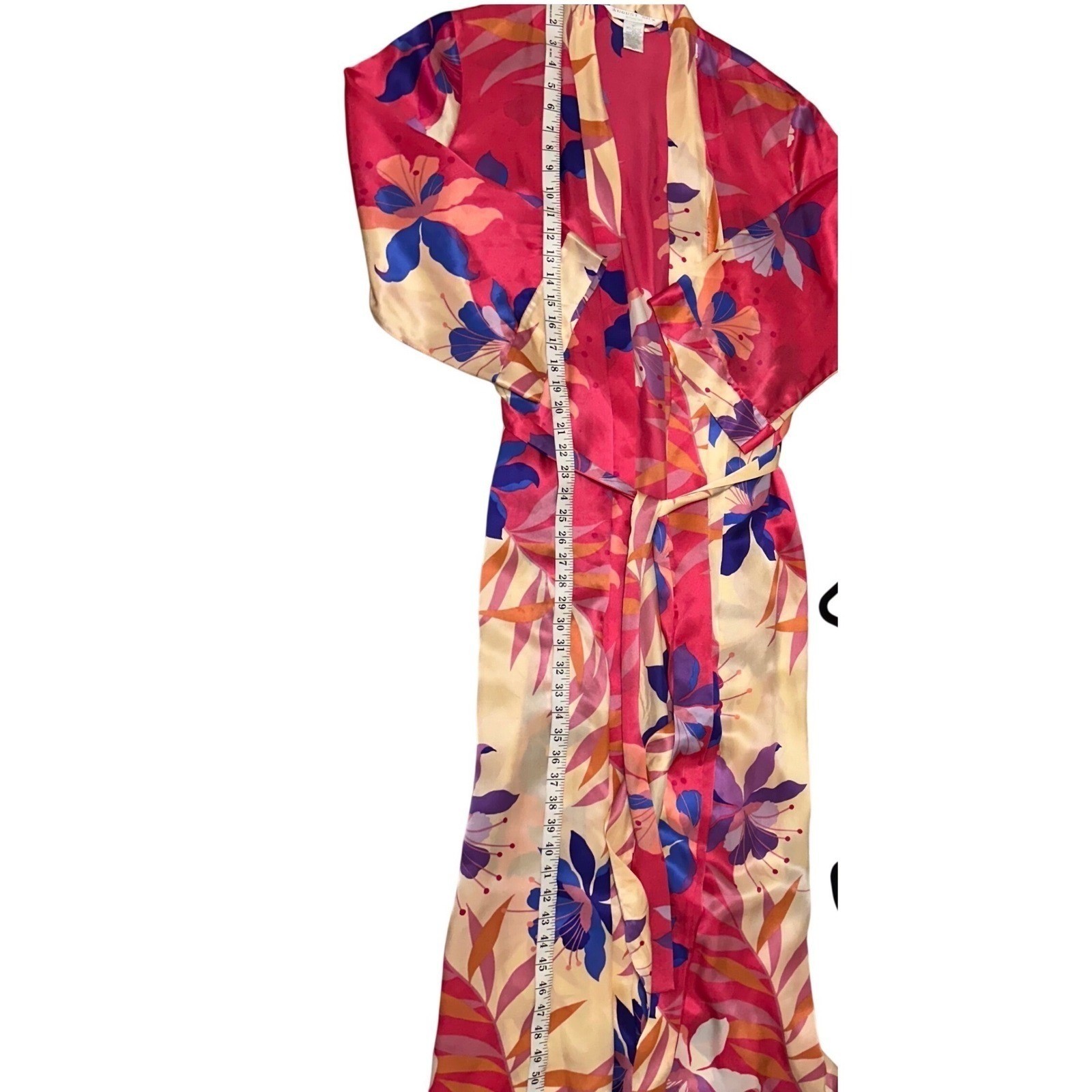 August Silk Intimates Pink Floral 100% Silk Vintage Long Wrap Robe XL Tropical