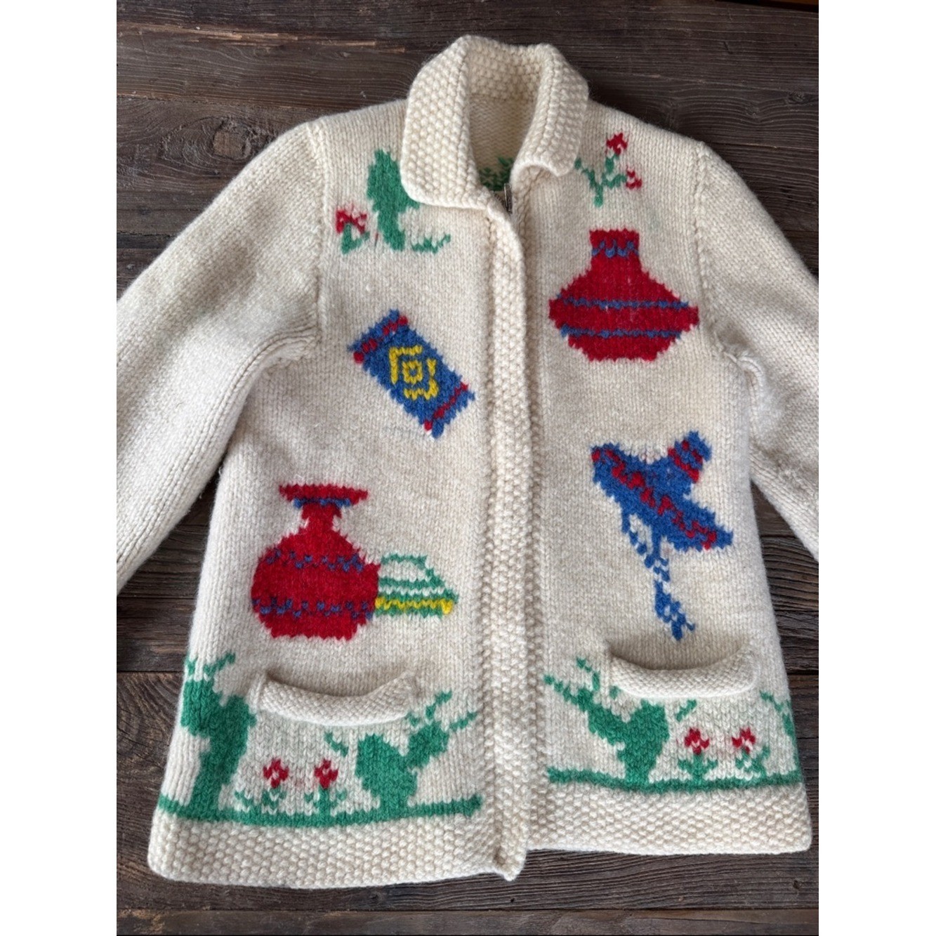 Hand knitted 1950&rsquo;s vintage wool cowichan Mexican cactus burrow metal zip cardi