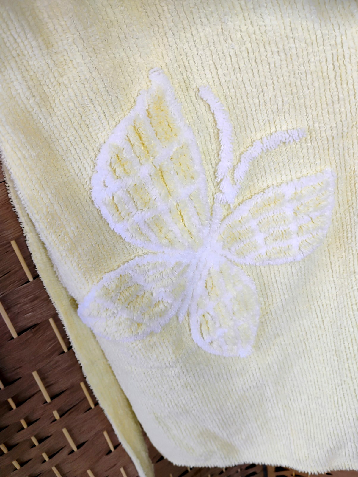 Vintage 70s Stan Herman Yellow Chenille Terry Robe Butterfly Decal Wrap Belt M