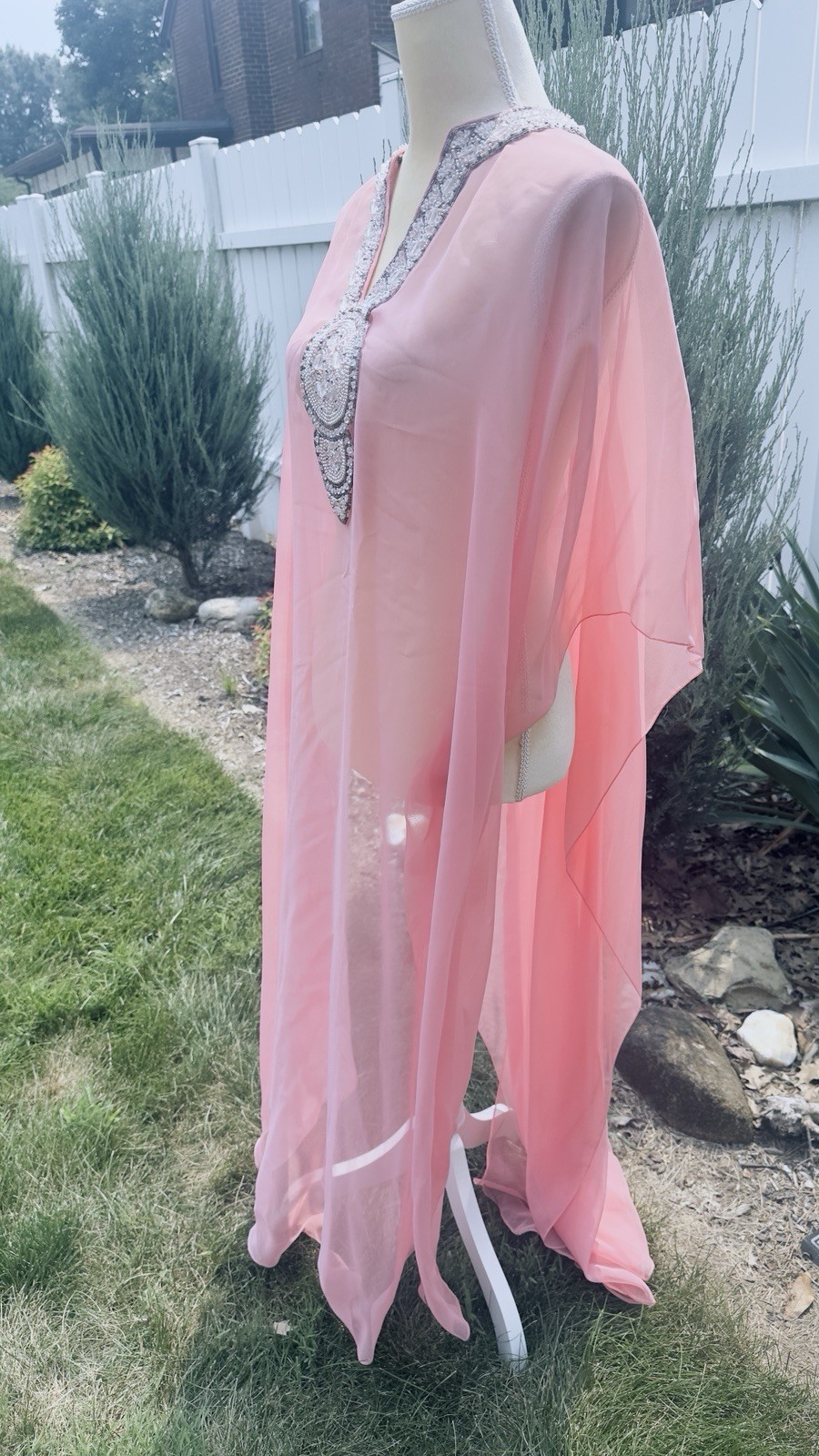 Vintage Hand-Beaded Chiffon Caftan | Blush Pink | 52” Length | 1960’s Glam