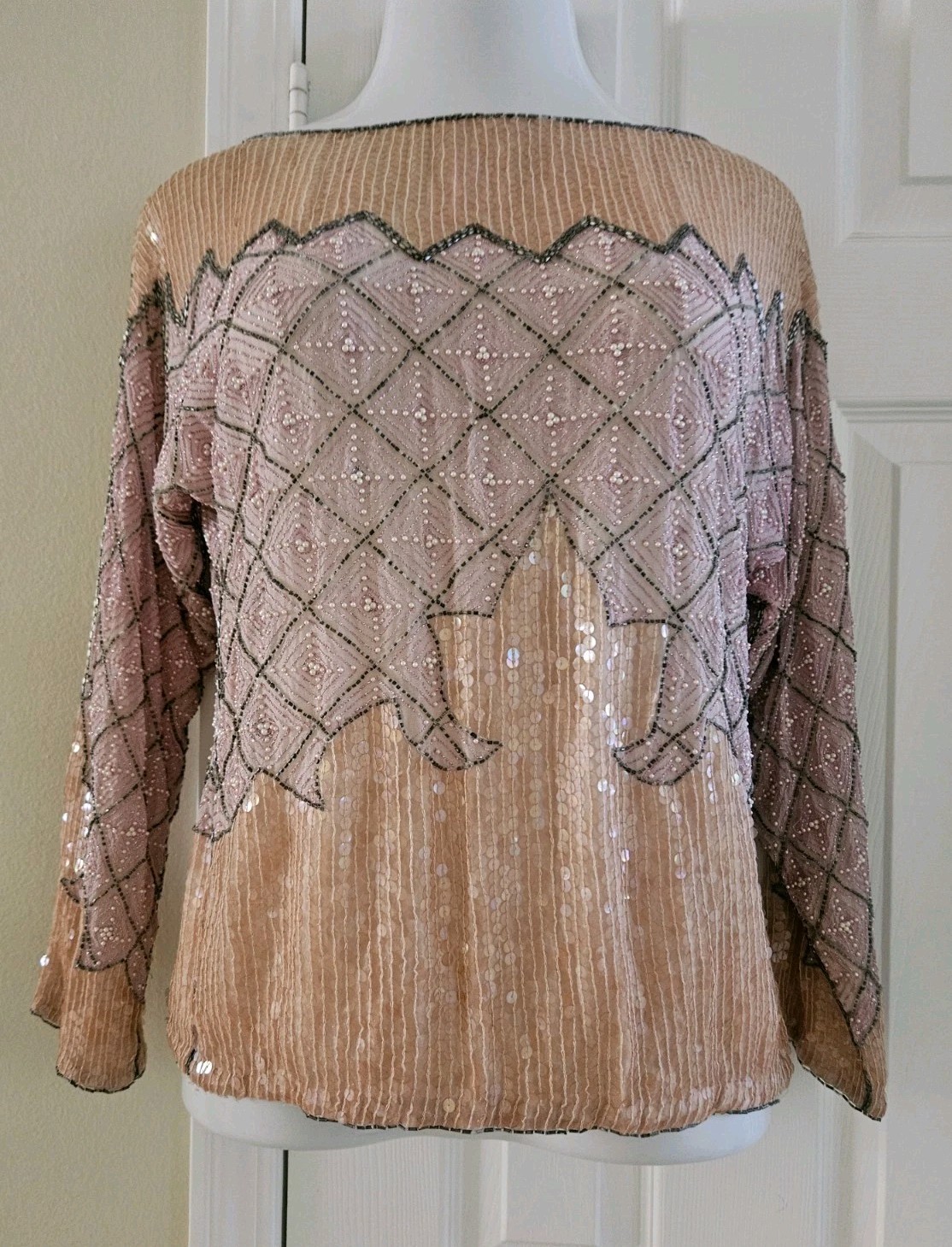 Unbranded Vintage 80s Beaded Sequin 100% Silk Formal Top Blouse Salmon Pink M