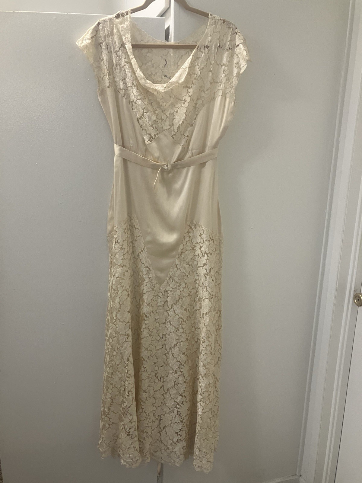 1930s Gown Ivory Silk Satin Lace Long Dress Measures M AS IS Wedding Bridal