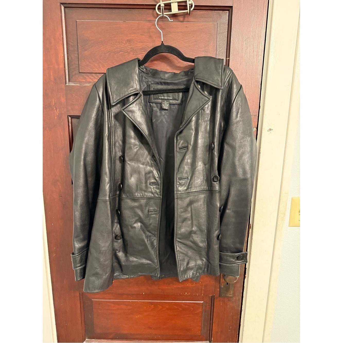 Jones New York Black Double-Breasted Leather Jacket Vintage