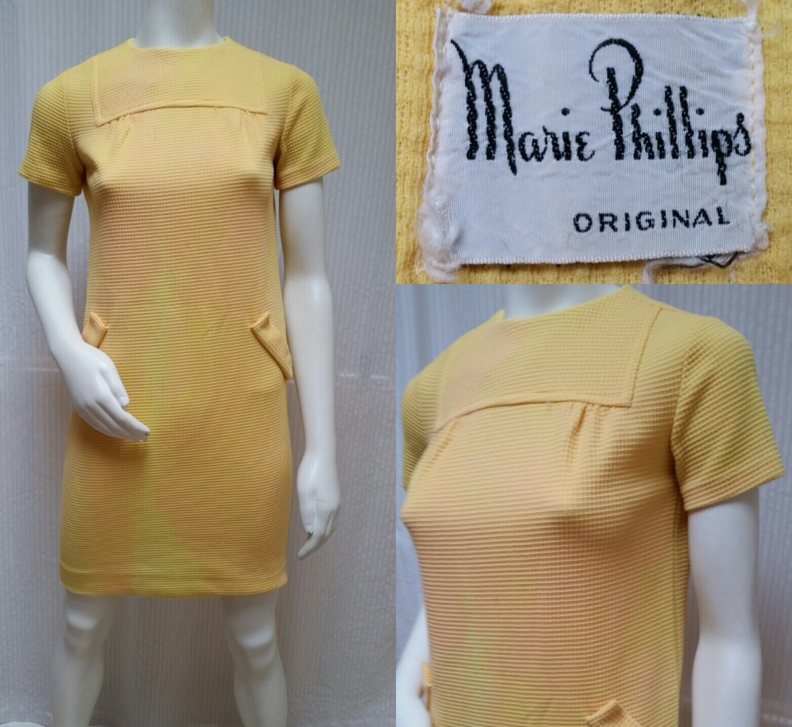 Vintage 1960s MARIE PHILLIPS ORIGINAL Yellow Double Knit Shift Dress – Size XS/S