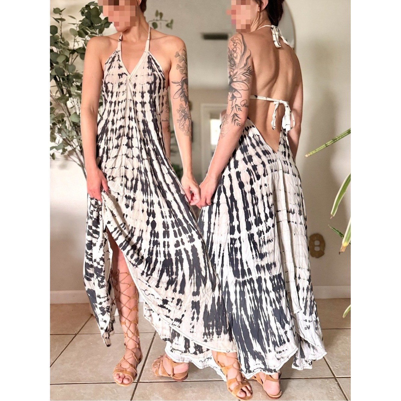 Vintage Y2K Tie Dye Backless Handkerchief Hem Maxi Dress Boho Festival