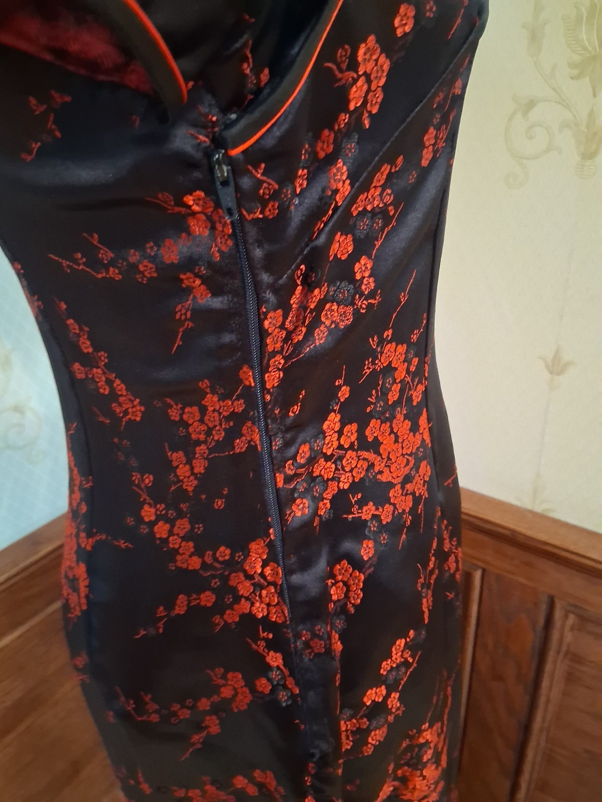 Vintage 1980s/90s Black Red Cherry Blossom Brocade Satin Cheongsam Chinese Dress