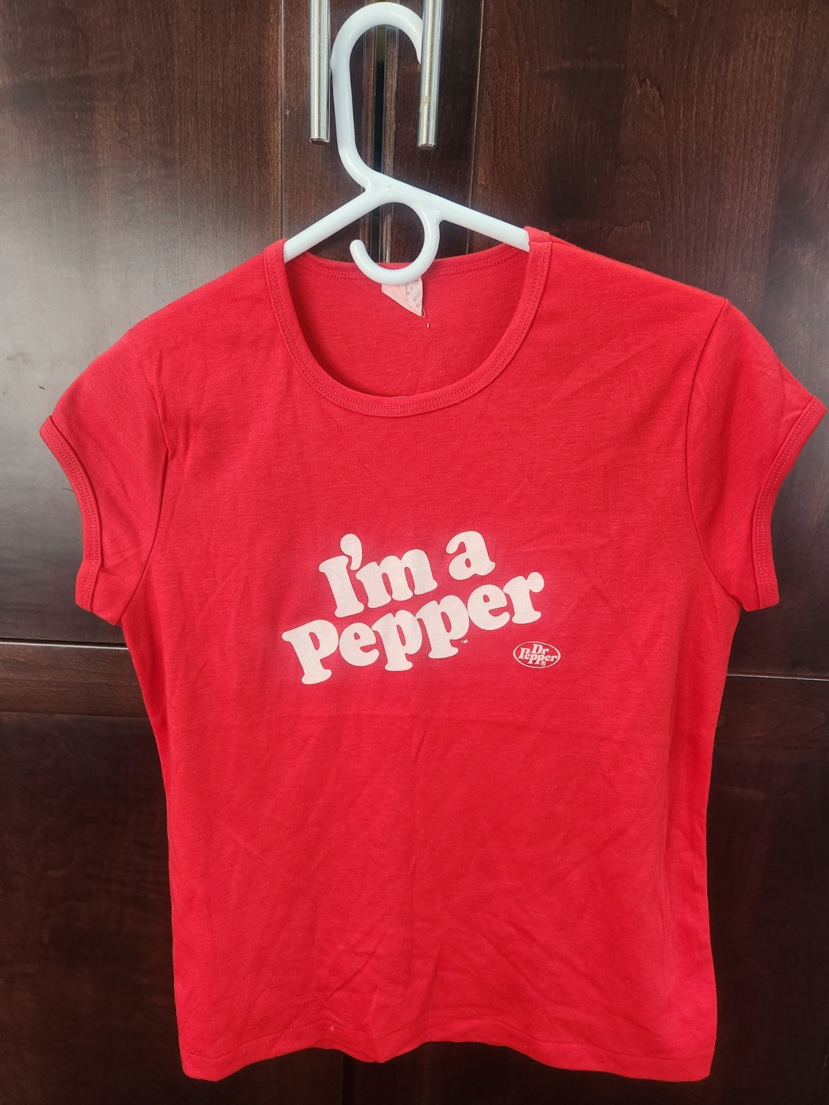 True Vintage 1970s Dr Pepper Womens T Shirt Im A Pepper Size LARGE 13-15 Red