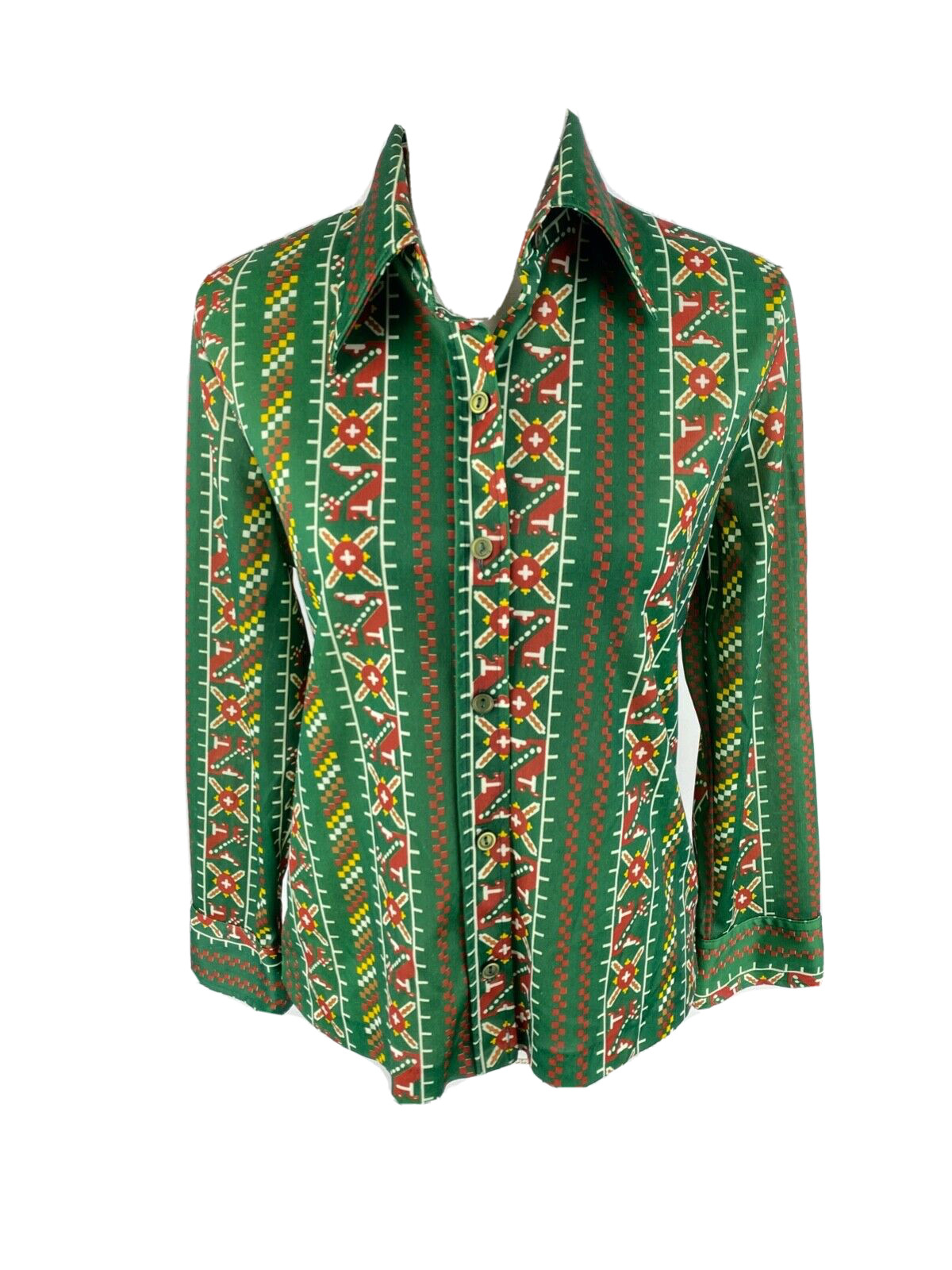 Vtg 60s 70s Hippie Boho AOP Woodstock Button Blouse Long Sleeve Green Retro