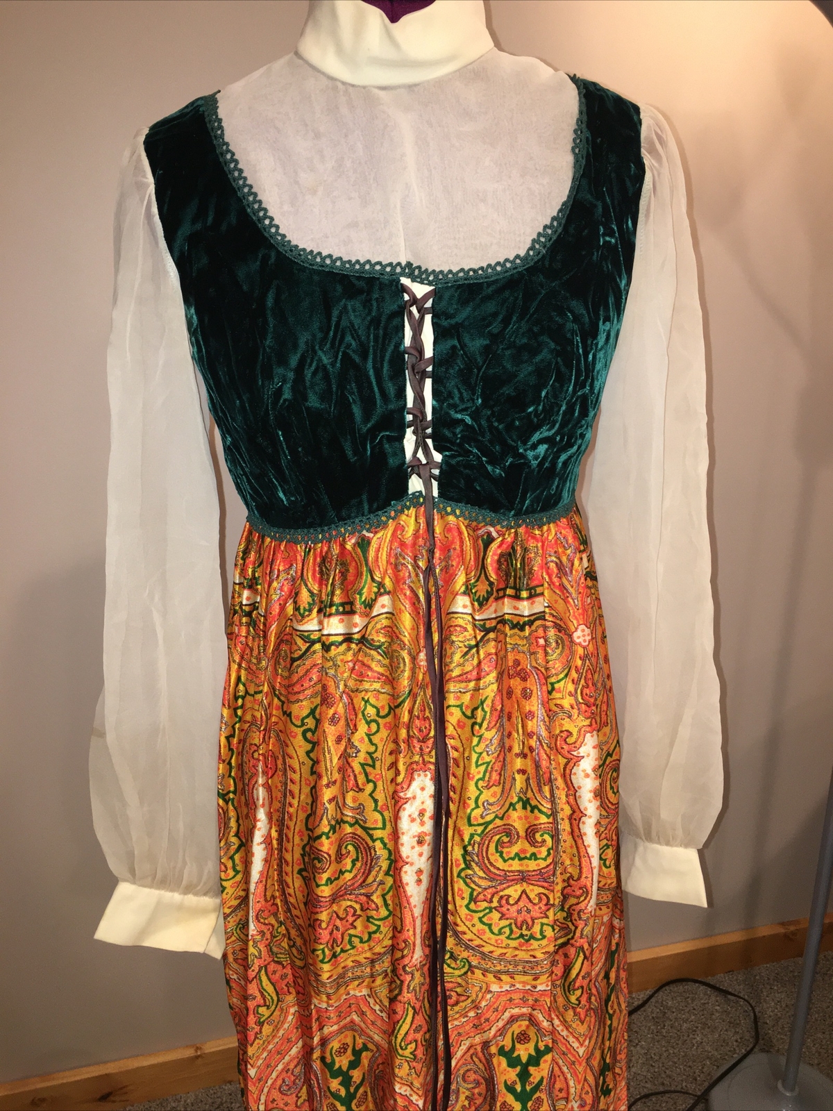 70s Vtg Costume Hippie Orange Green Maxi Velvet Empire Waist Peasant Dress 9/10