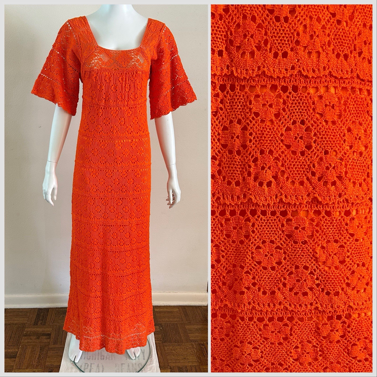 1970s Mexican Crochet Lace Maxi Dress Orange Cotton Boho Huipil XS S Vintage
