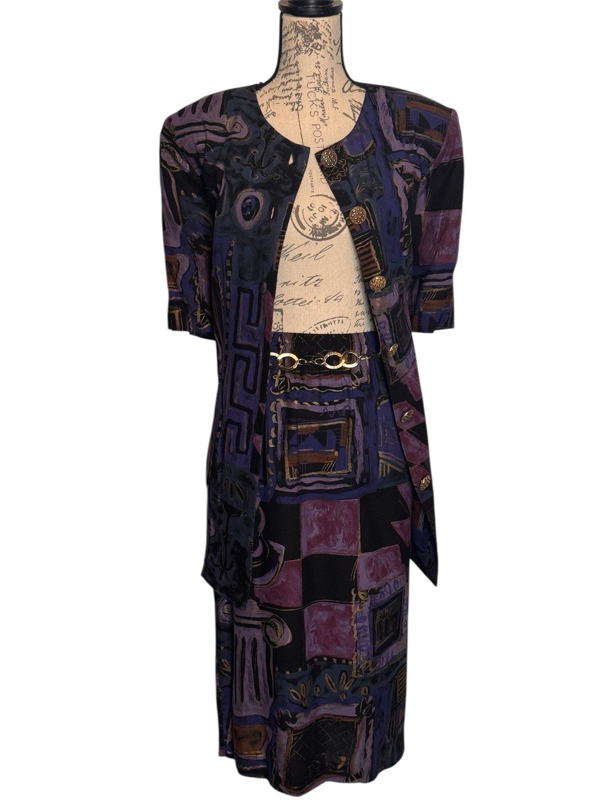 Jeffrey & Dara Vintage Purple Multicolored Geometric Two Piece Shirt Set Size 14
