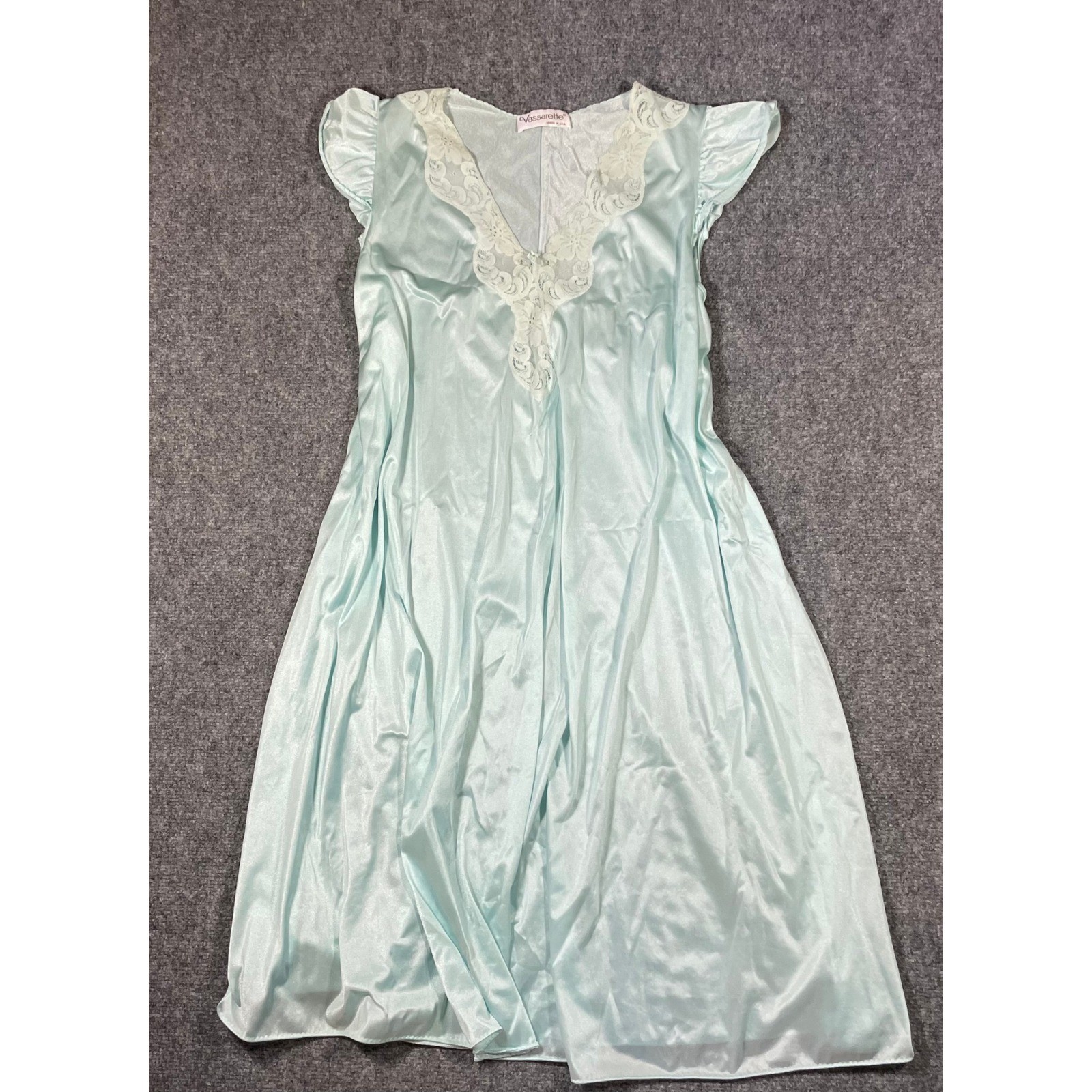 Vassarette Nightgown Medium* Aqua Blue Vintage Lace Trim Flutter Sleeve USA