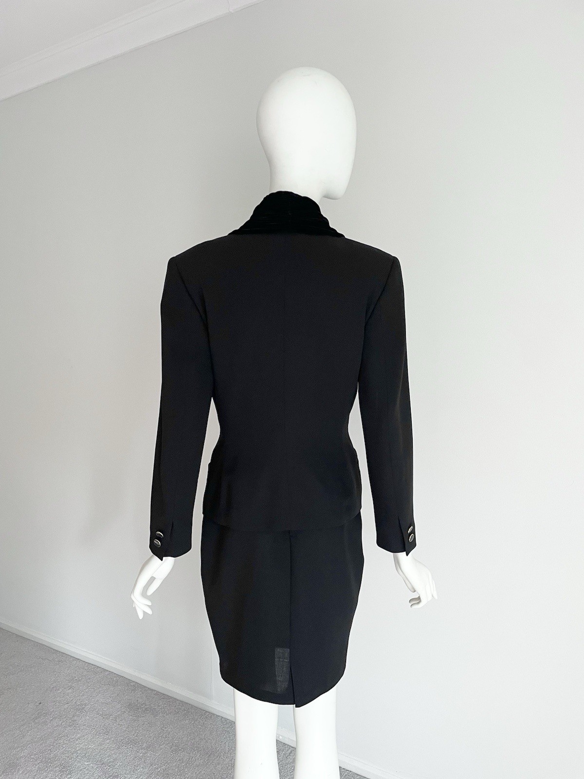 Vintage 1980s Gianni Versace Black Wool Velvet Twist Trim Skirt Suit Set Jacket