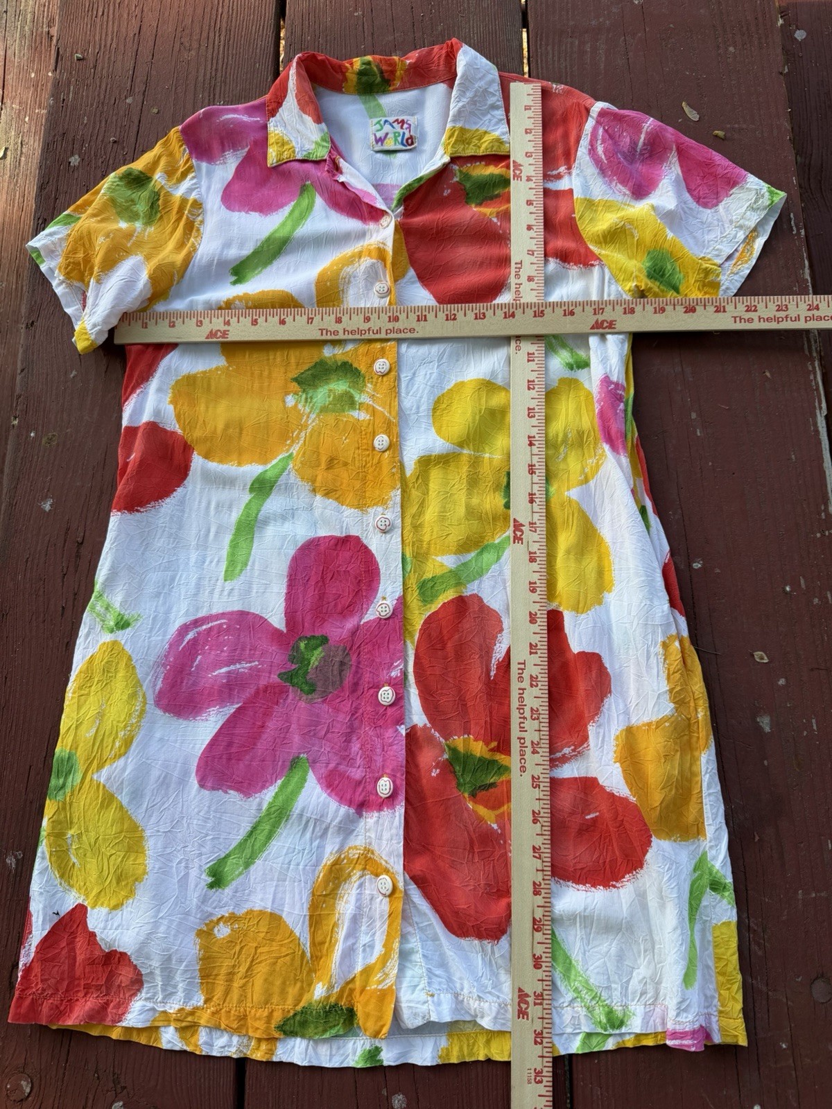 Vintage 90s JAMS WORLD pop art floral Hawaiian white colorful SUMMER dress S