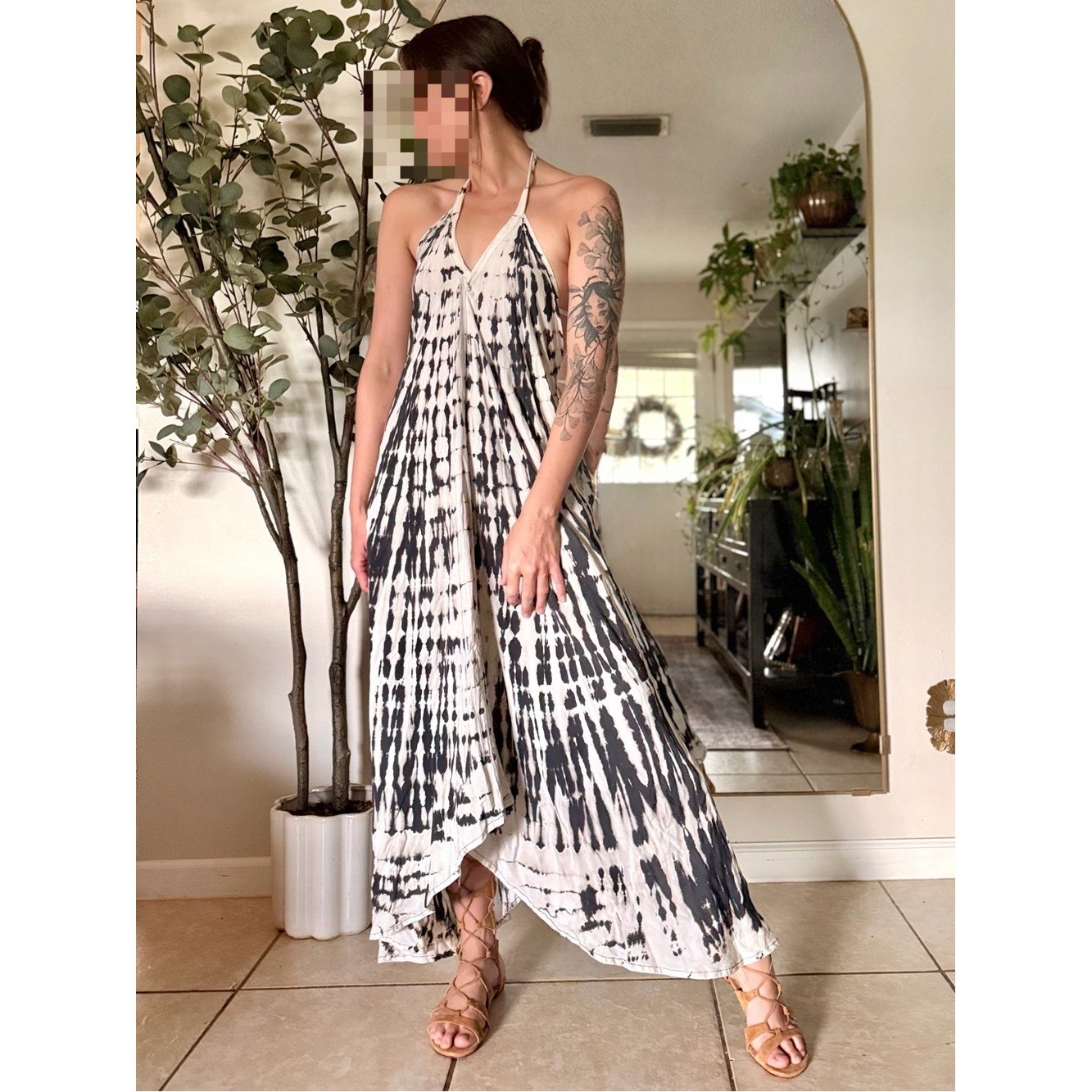 Vintage Y2K Tie Dye Backless Handkerchief Hem Maxi Dress Boho Festival
