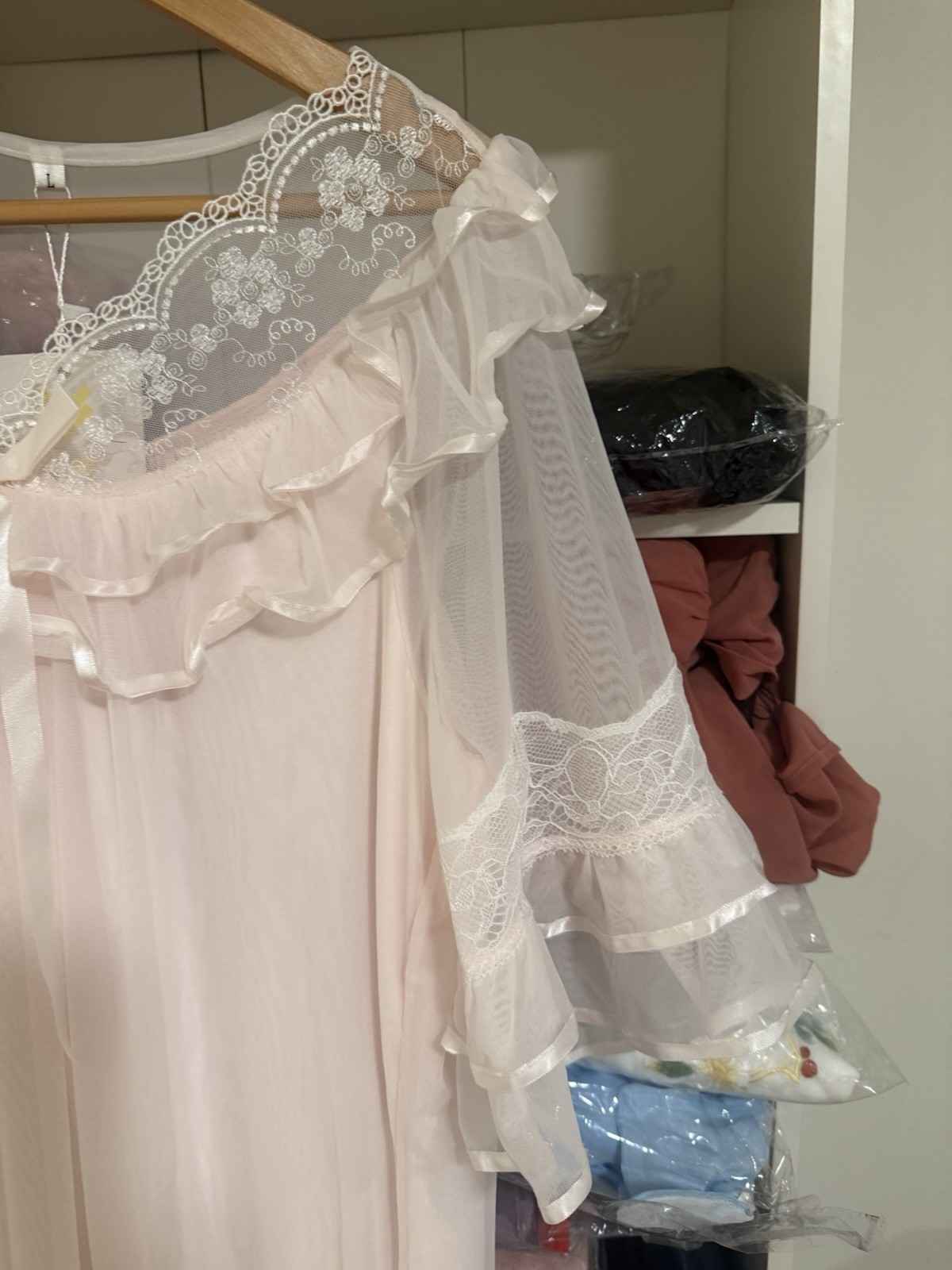 E9 Vintage Sheer Ruffle Nightgown Lace Trim Midi Dress Soft Pink Romantic