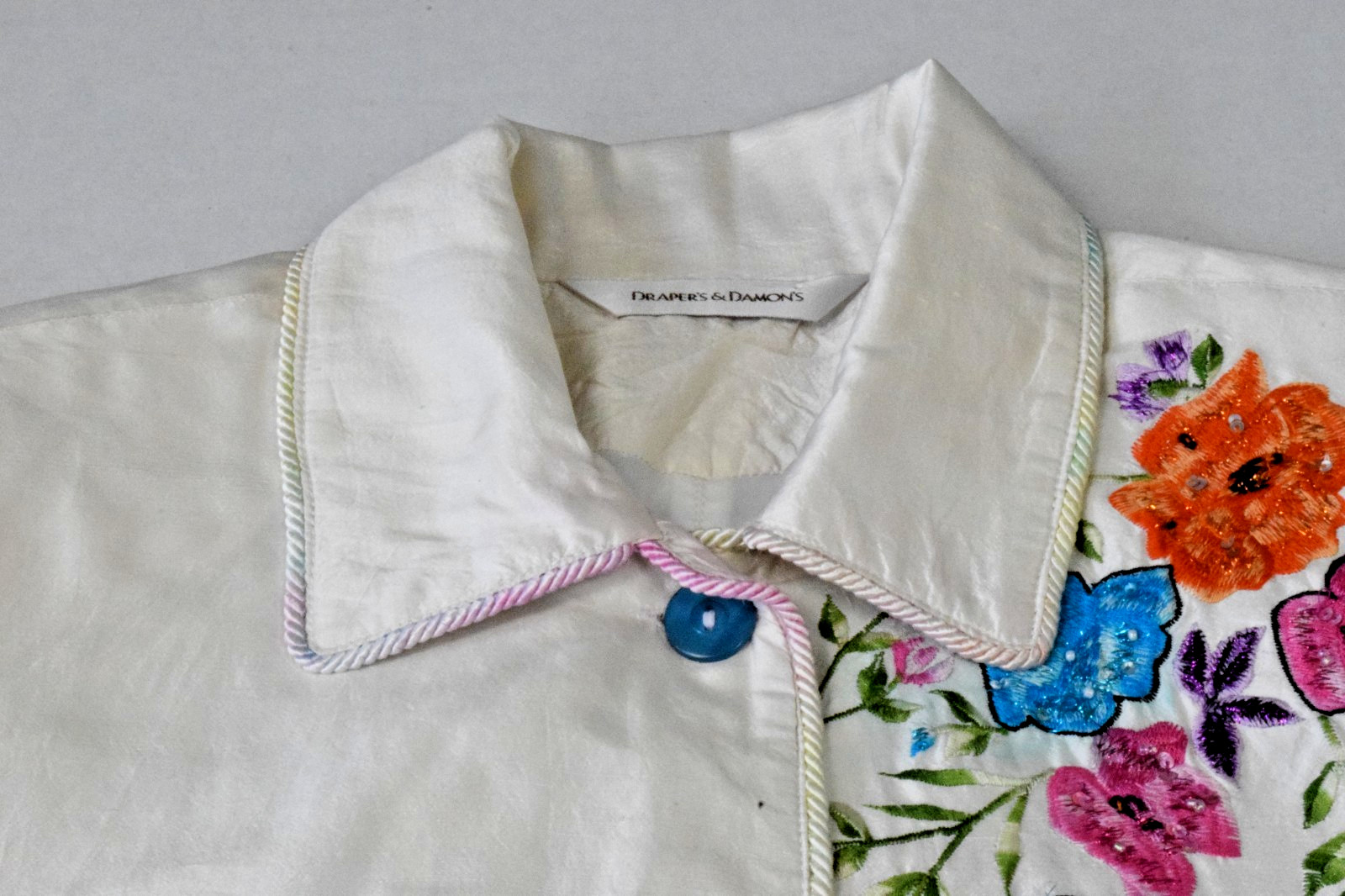 Vintage Silk Blazer Jacket Drapers & Damons Size S 90s Embroidered Floral Pearl