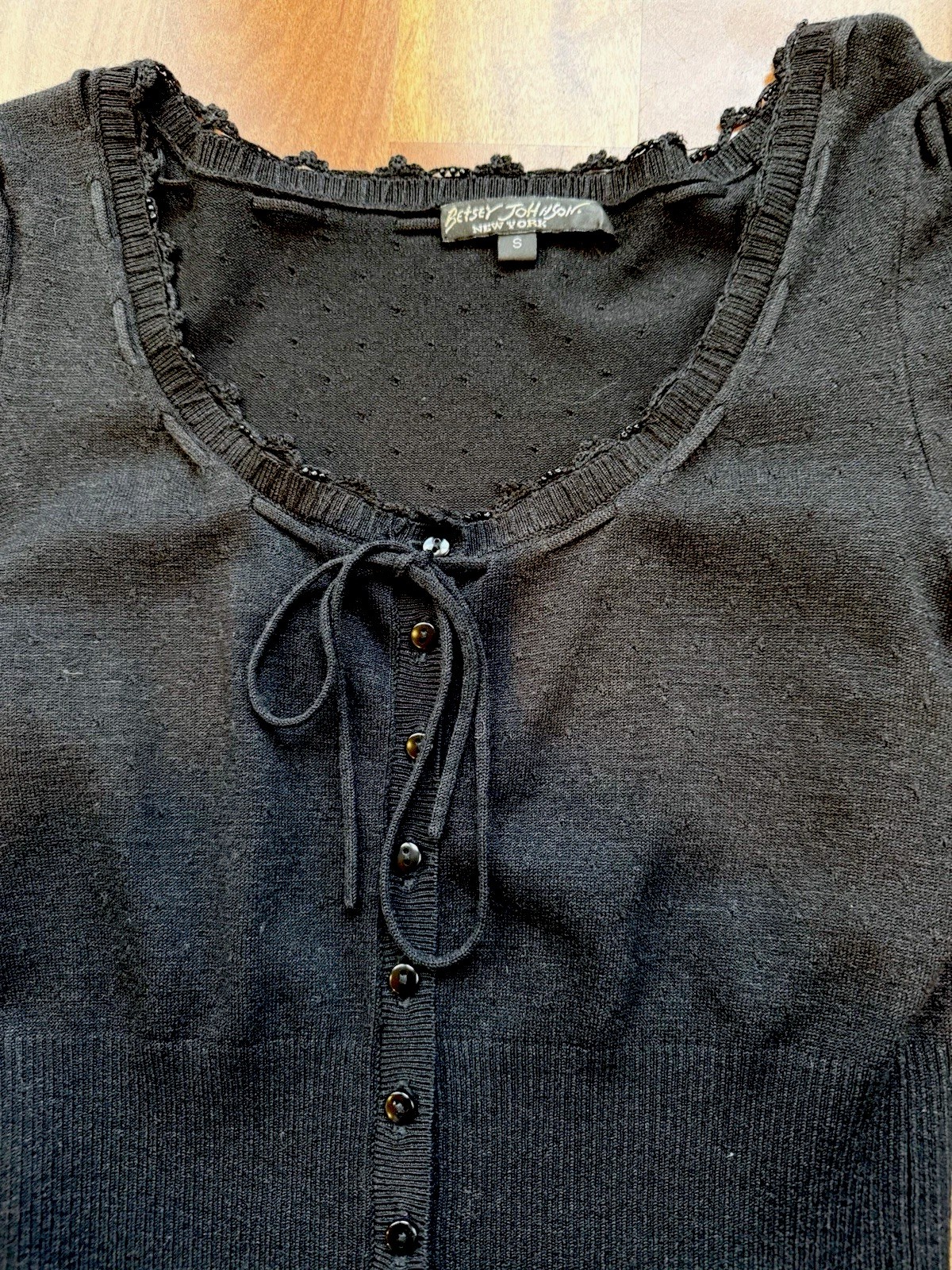 EUC RARE Betsey Johnson NY 90s Y2K Black Petite Cardigan Pointelle Size S 2 4