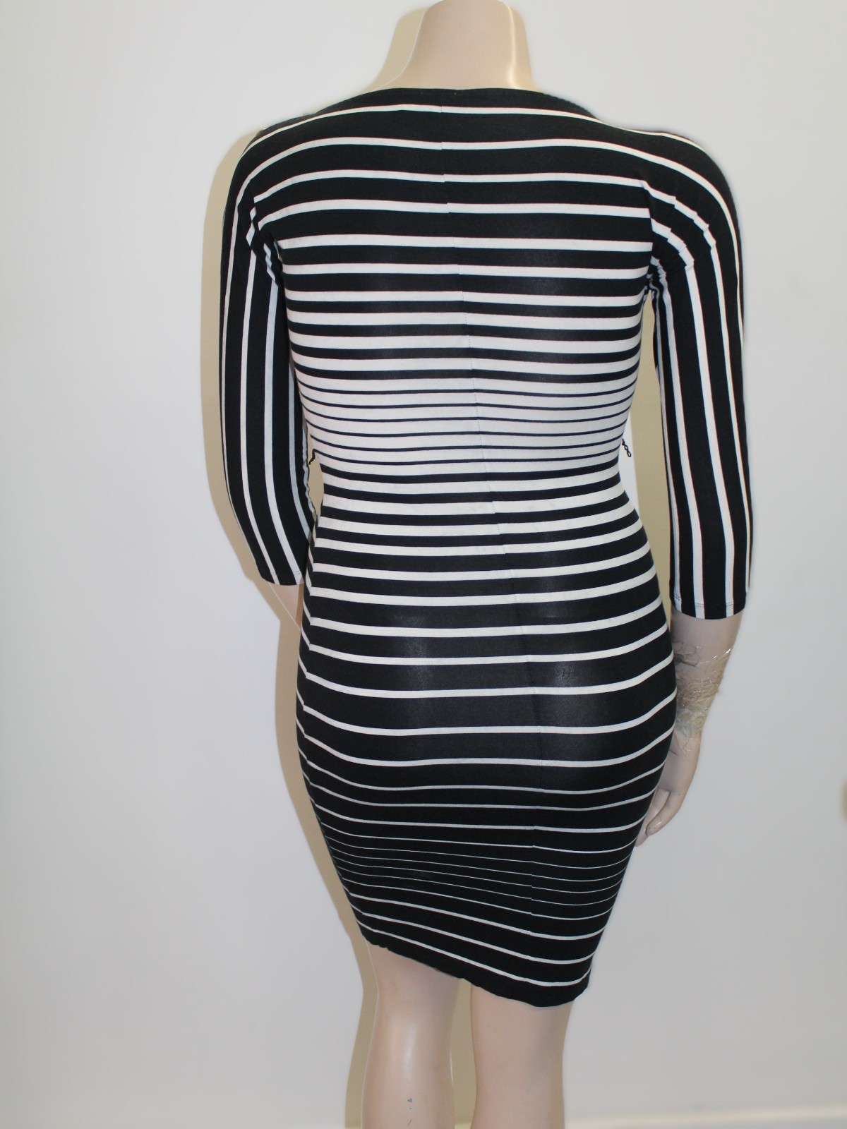 Cache Vintage Black & White Striped Bodycon Dress w Gold Button Details Size M