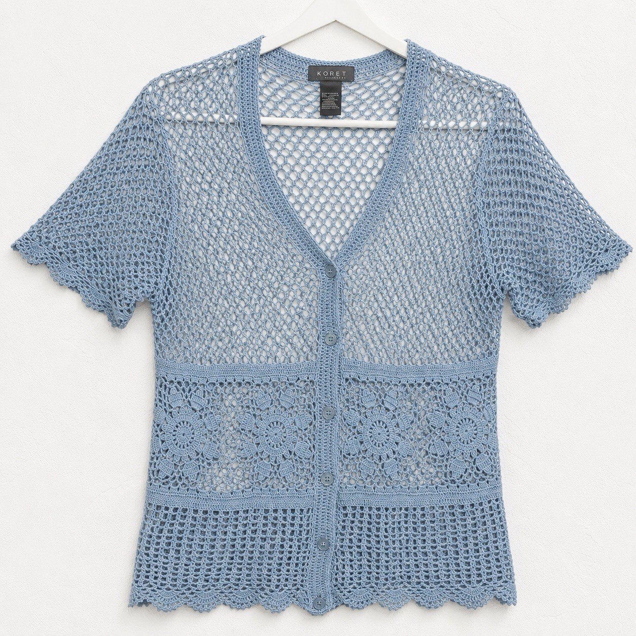 Vintage 90’s Koret Petite Dusty Blue Open Knit Cardigan Cottagecore Y2K Sz PM