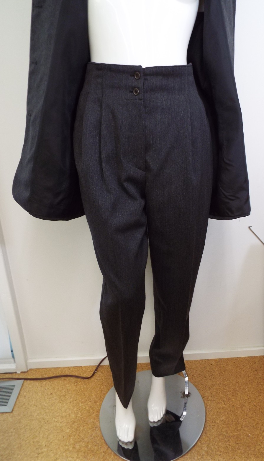 Vintage 1980s Claude Montana Gray Wool Pant Suit Jacket Blazer Shoulder Pads SM