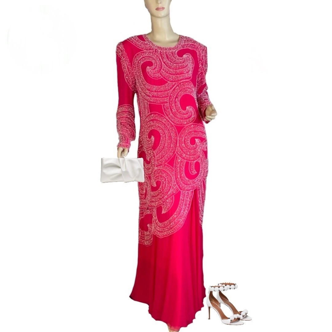 WOMEN&rsquo;S VINTAGE 1980&rsquo;S JACK PINK & WHITE BEADED FORMAL DRESS SIZE 14