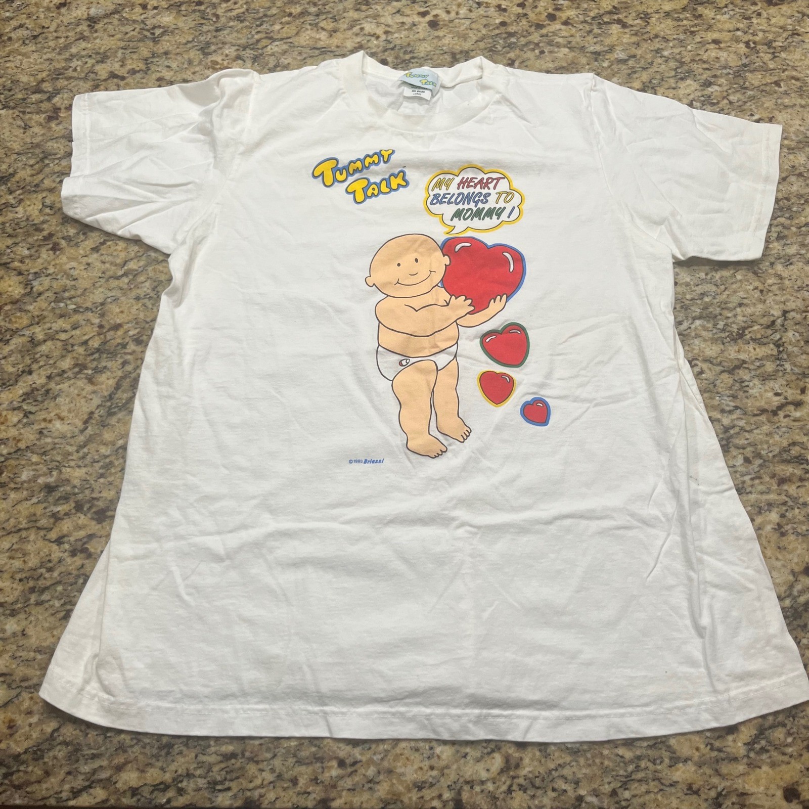 Vintage 1993 Tummy Talk Maternity Shirt White Graphic Tee Baby Heart Mommy Large