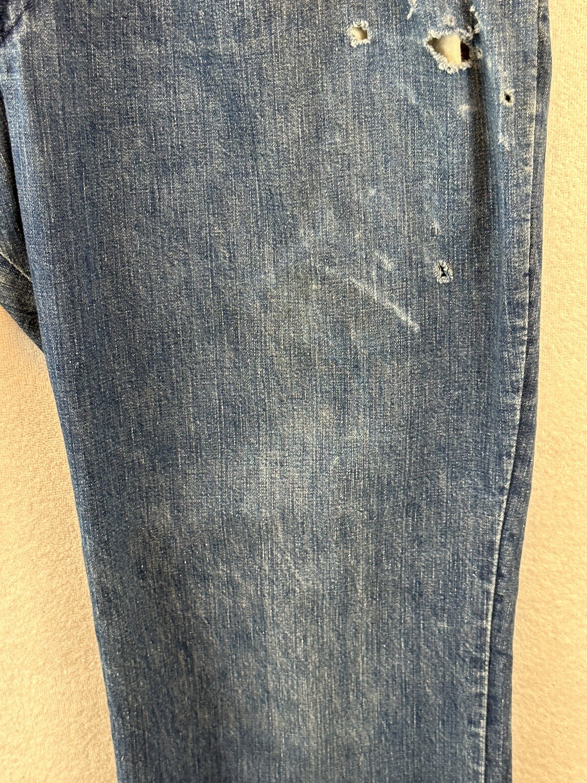 Vintage 70s Womens Thrashed Denim Flare Jeans Trouser Talon Pleated 32 x 28