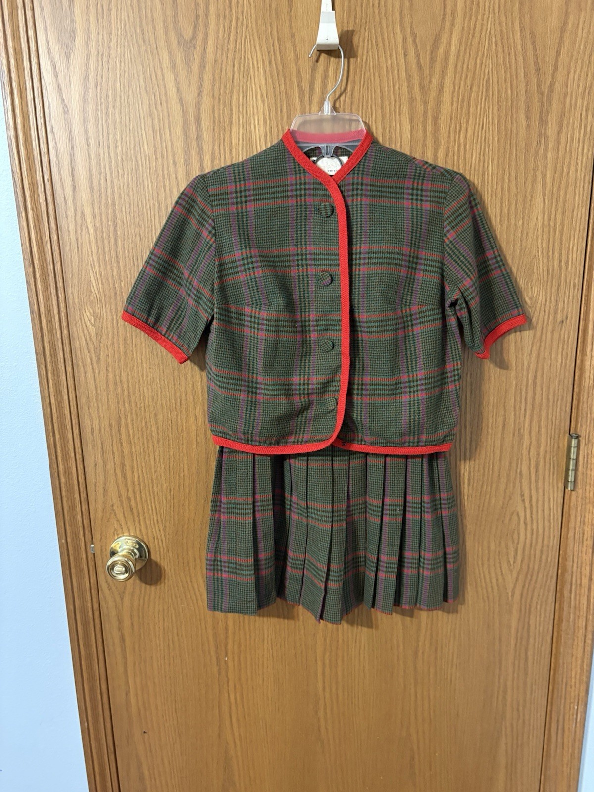 Vintage 60s Carole King 2 pc Multicolor Plaid Red Trim Academic Skirt Suit Mod