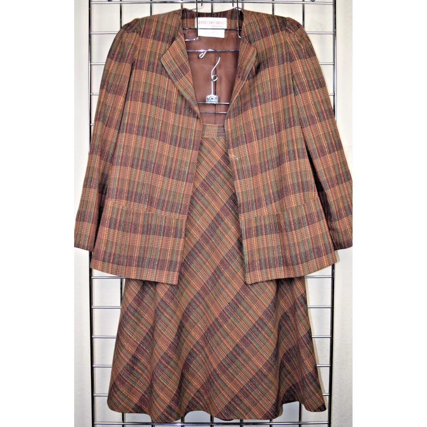 Vintage Blazer Skirt Set Giorgio Sant Angelo Saks Size 8 70s Copper Plaid