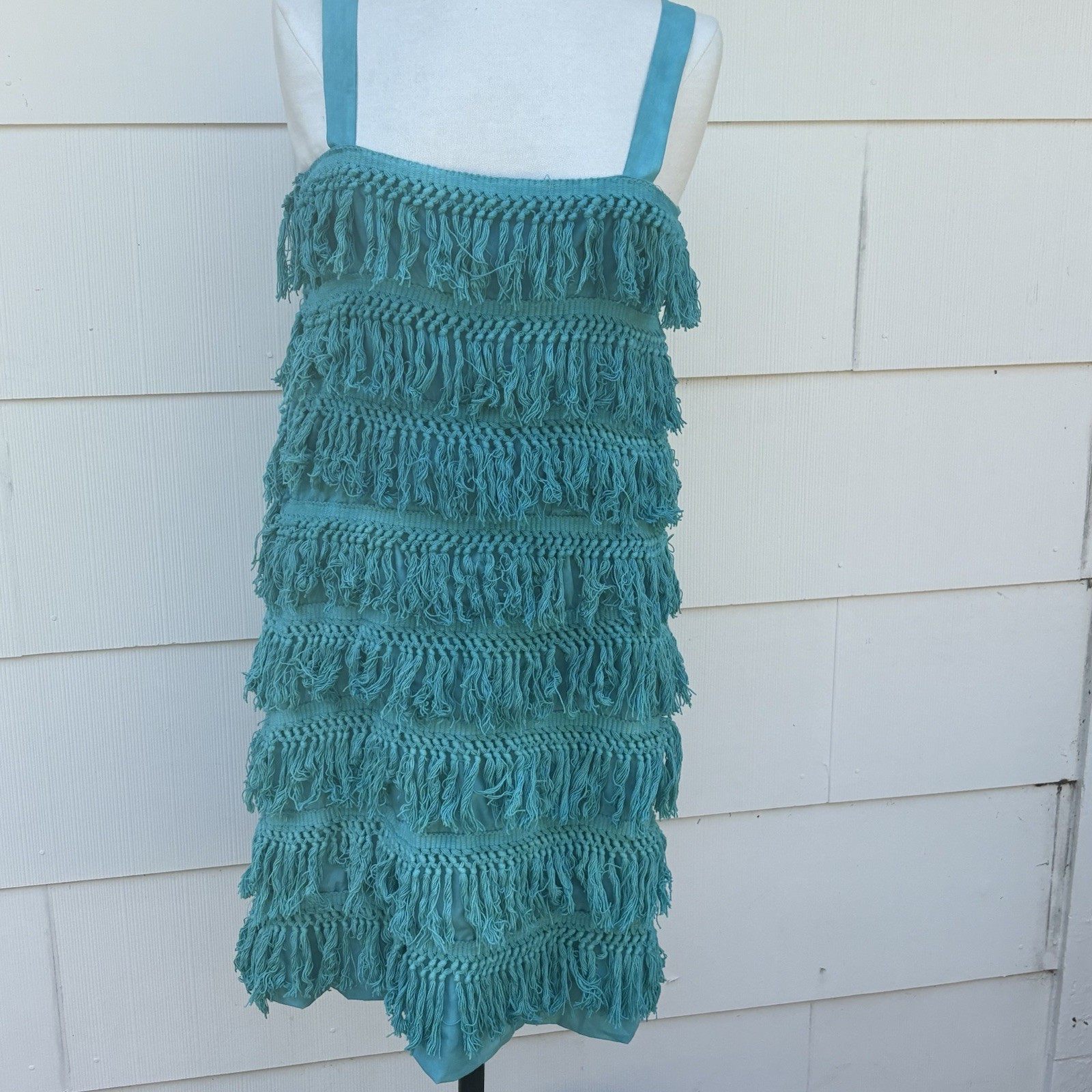 Handmade Vtg 70s Turquoise Fringe Flapper Dress Boho Disco Costume Great Gatsby
