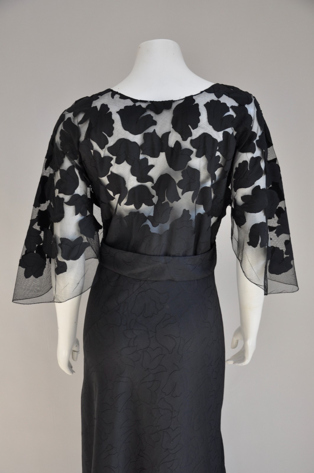Vintage 1930s Black Silk Bias Cut Party Evening Dress w/ Sheer Applique Top S/M