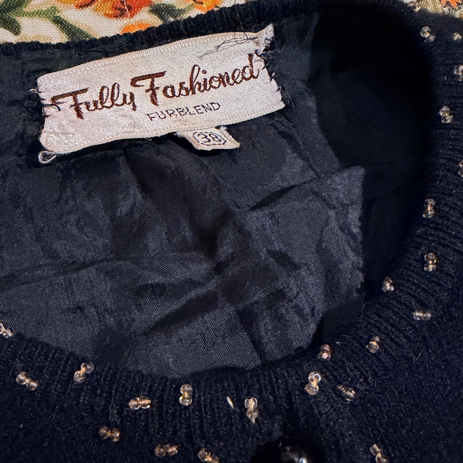 Vintage Fully Fashioned Fur Blend Black Bronze Beaded Floral Cardigan Sweater