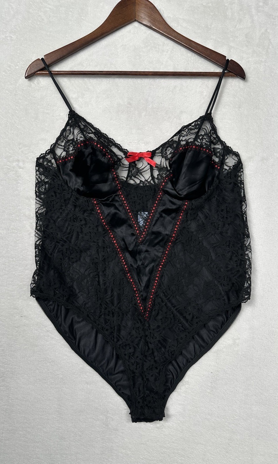 Vintage Lady Cameo Dallas Plus Size 1X Satin Lace Teddy Bodysuit Black High Cut
